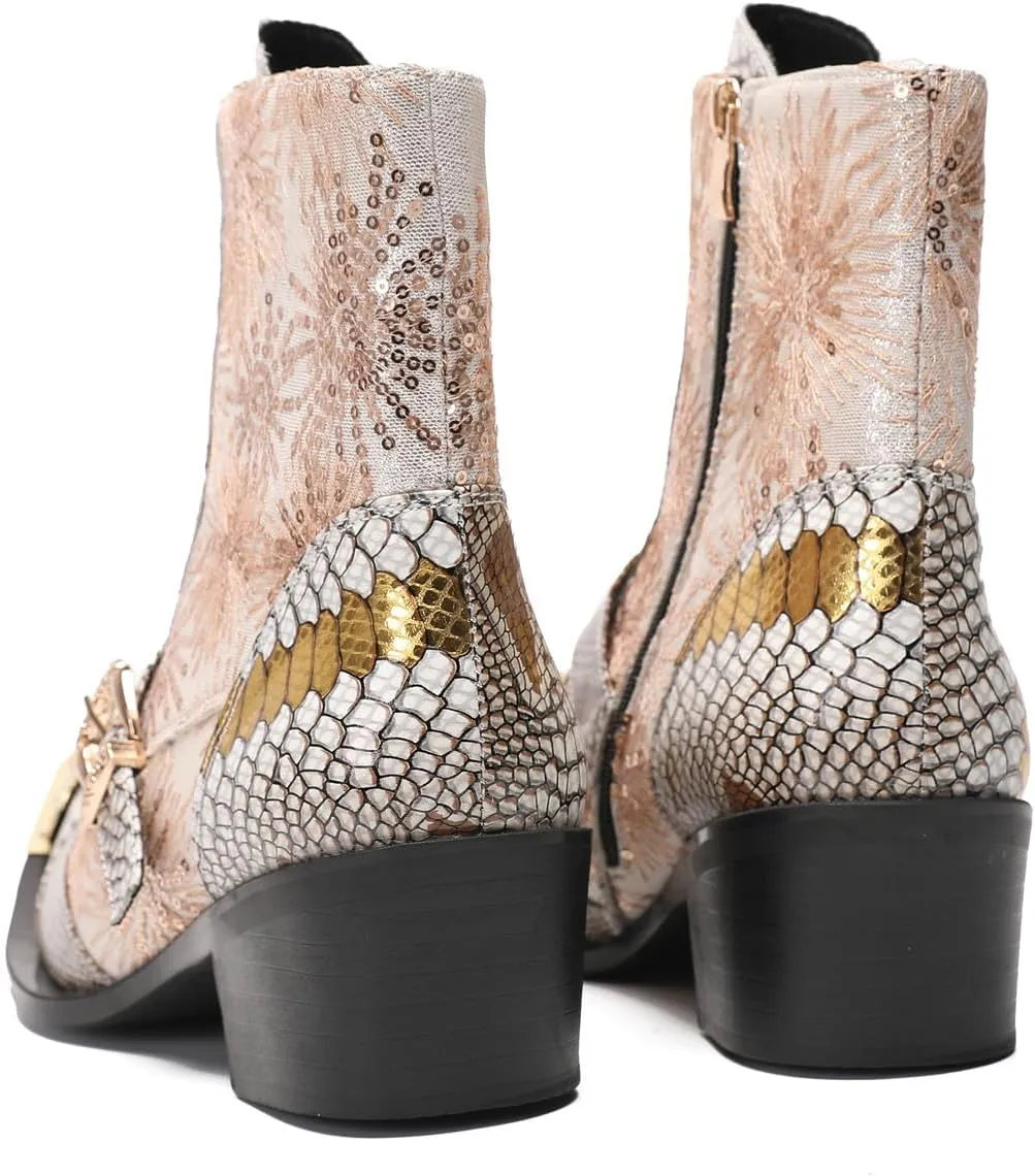 Santimon Cowboy Boots for Men Casual Dress Motorcycle Boots Genuine Leather Metal Pointed Toe Oxfords Boots Shining Sequins Fashion Belt Buckle Party Disco Singer Western Boots for Men