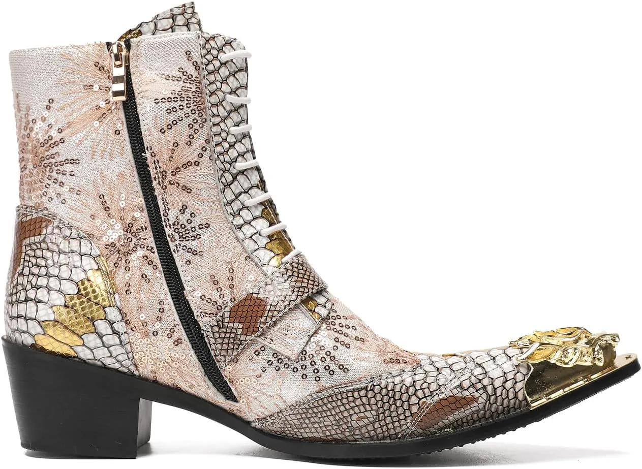 Santimon Cowboy Boots for Men Casual Dress Motorcycle Boots Genuine Leather Metal Pointed Toe Oxfords Boots Shining Sequins Fashion Belt Buckle Party Disco Singer Western Boots for Men
