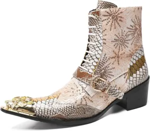 Santimon Cowboy Boots for Men Casual Dress Motorcycle Boots Genuine Leather Metal Pointed Toe Oxfords Boots Shining Sequins Fashion Belt Buckle Party Disco Singer Western Boots for Men