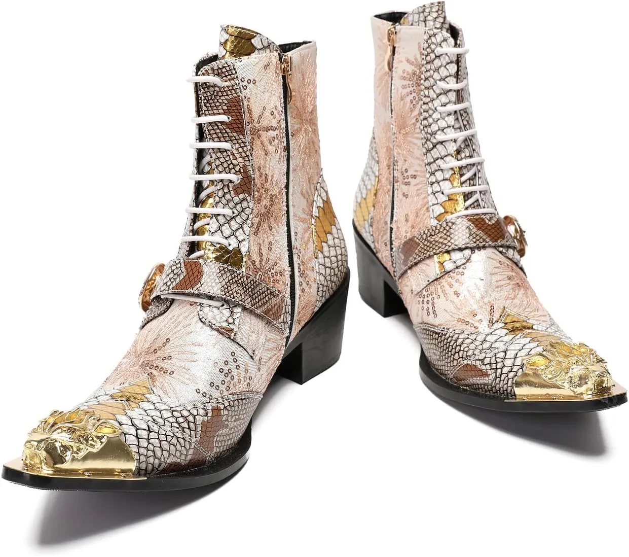 Santimon Cowboy Boots for Men Casual Dress Motorcycle Boots Genuine Leather Metal Pointed Toe Oxfords Boots Shining Sequins Fashion Belt Buckle Party Disco Singer Western Boots for Men