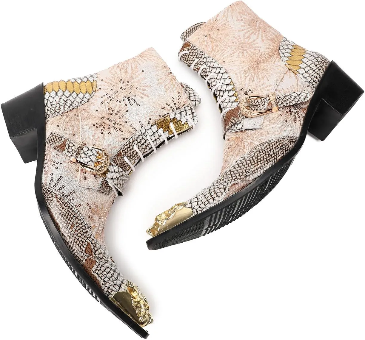 Santimon Cowboy Boots for Men Casual Dress Motorcycle Boots Genuine Leather Metal Pointed Toe Oxfords Boots Shining Sequins Fashion Belt Buckle Party Disco Singer Western Boots for Men