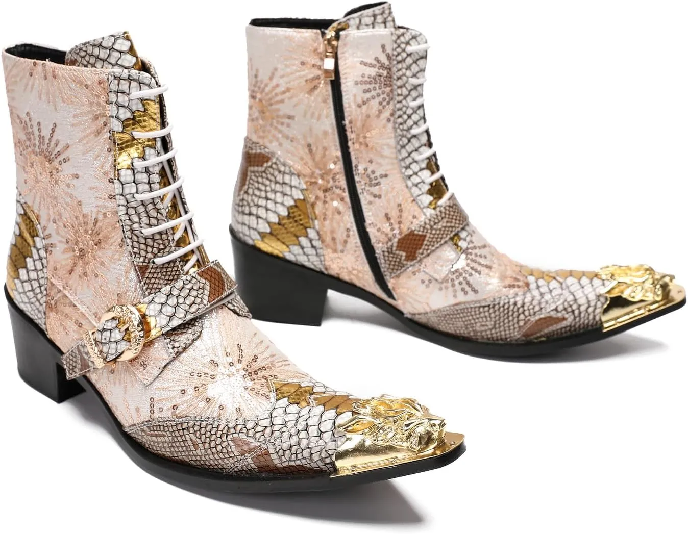 Santimon Cowboy Boots for Men Casual Dress Motorcycle Boots Genuine Leather Metal Pointed Toe Oxfords Boots Shining Sequins Fashion Belt Buckle Party Disco Singer Western Boots for Men