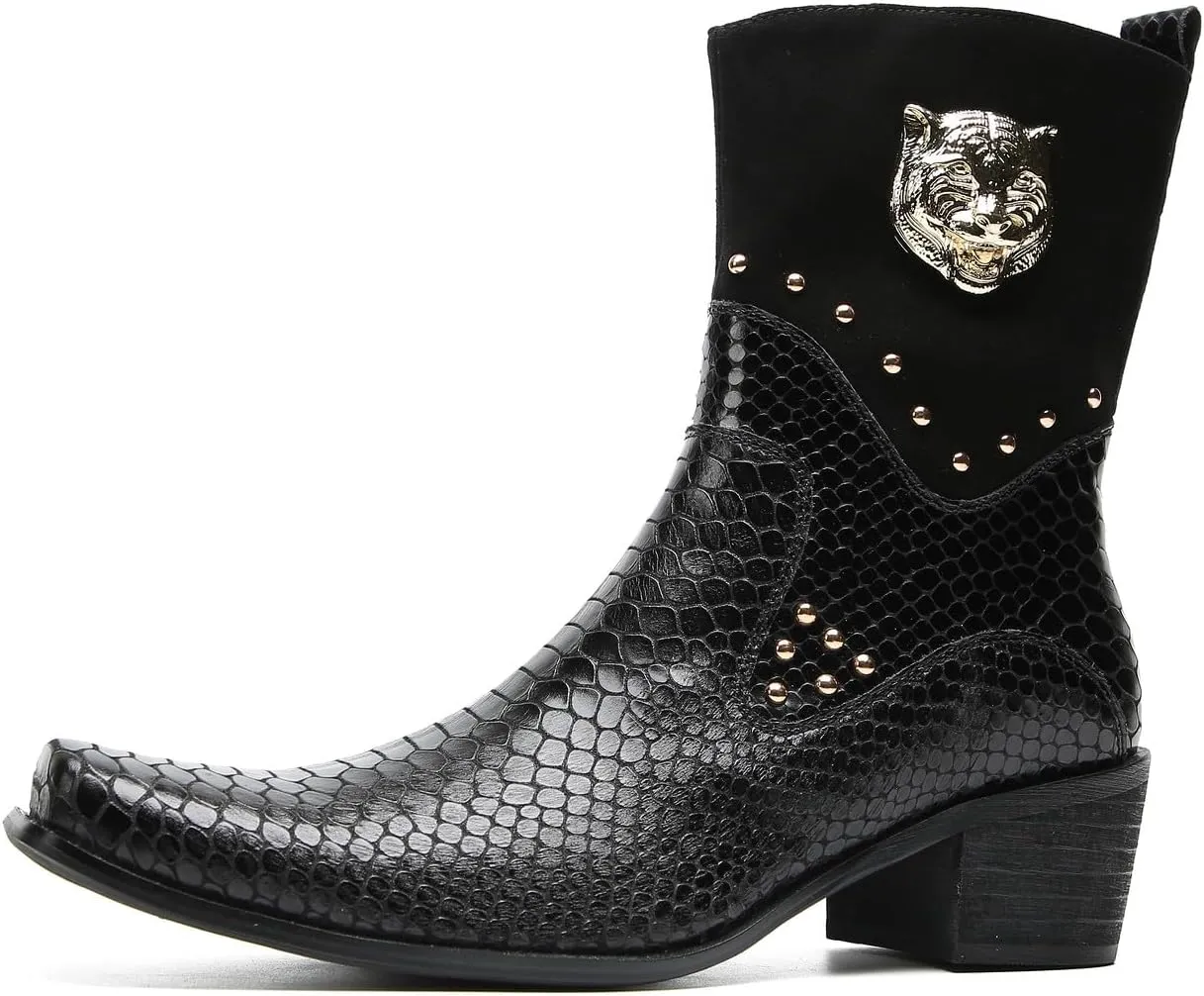 Santimon Cowboy Boots for Men Party Dress Casual Buttons Motorcycle Boots Fashion Western Chelsea High Top Boots for Mens