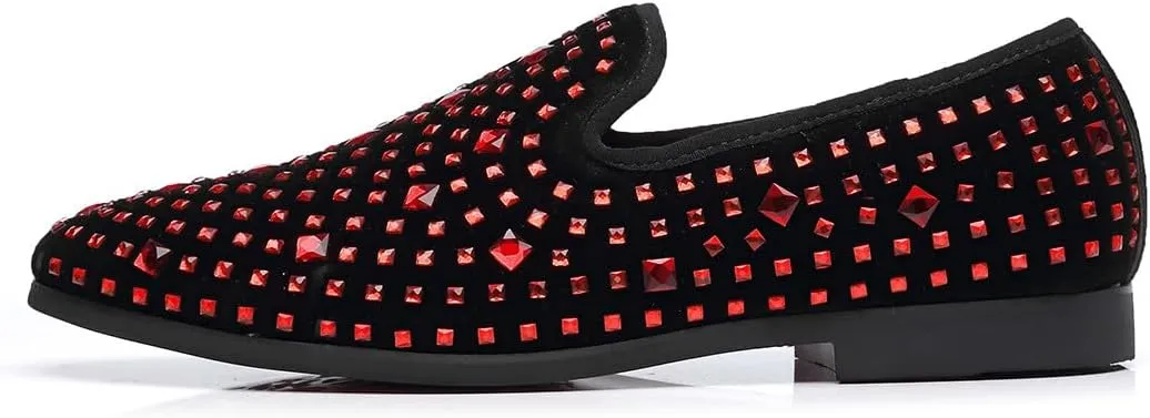 Santimon Loafer Smoking Slipper Moccasins Men Slip on Handmade Rhinestone Studded Pointed Toe Shoes Black