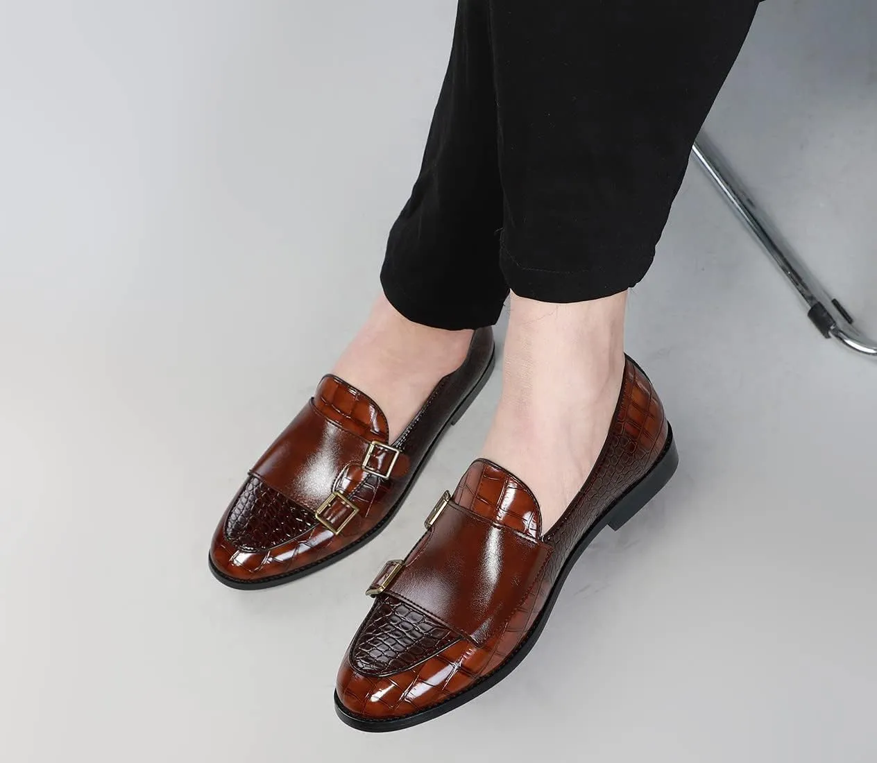 Santimon Men's Dress Loafer Shoes Double Monk Strap Slip On Loafers Formal Business Casual Dress Shoes for Men