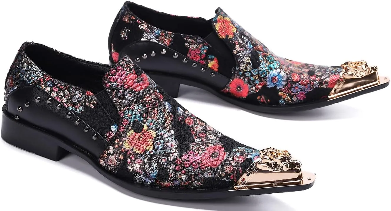 Santimon Mens Dress Loafers Floral Embroidered Leather Slip On Sequin Pointed Dragon Metal Tip Smoking Style Wedding Party Shoes