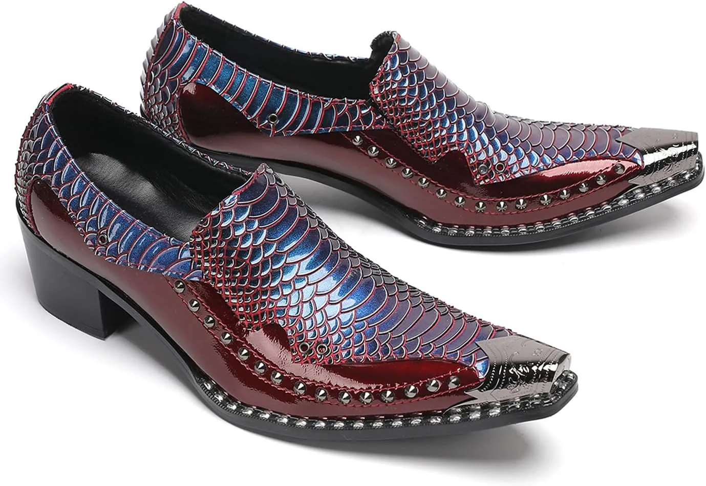 Santimon Men's Slip-On Loafers Leather Dress Shoes - Metal Pointed Toe, Studded Detail, Chunky Heel, Comfortable Snakeskin Western Casual Penny Loafers for Party,Ballroom,Bar Wear