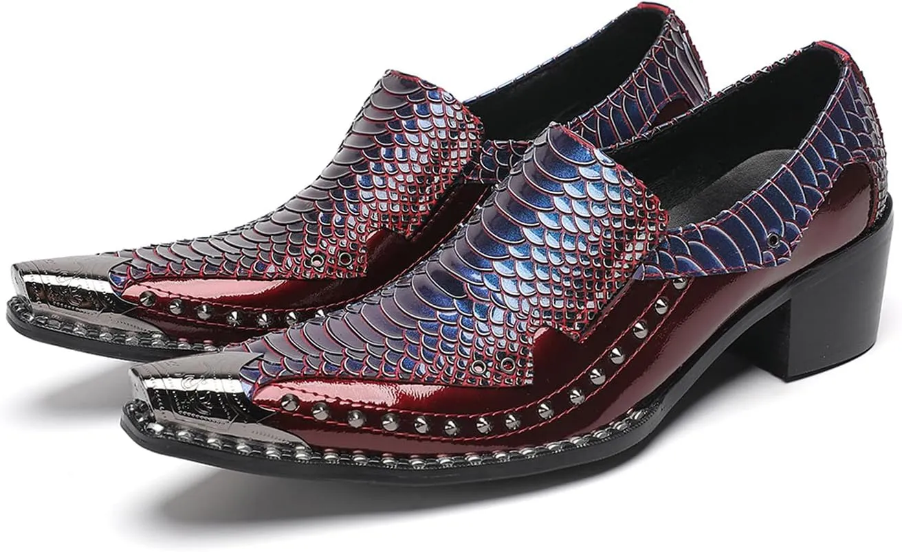 Santimon Men's Slip-On Loafers Leather Dress Shoes - Metal Pointed Toe, Studded Detail, Chunky Heel, Comfortable Snakeskin Western Casual Penny Loafers for Party,Ballroom,Bar Wear