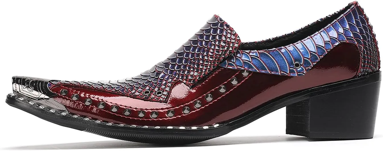 Santimon Men's Slip-On Loafers Leather Dress Shoes - Metal Pointed Toe, Studded Detail, Chunky Heel, Comfortable Snakeskin Western Casual Penny Loafers for Party,Ballroom,Bar Wear