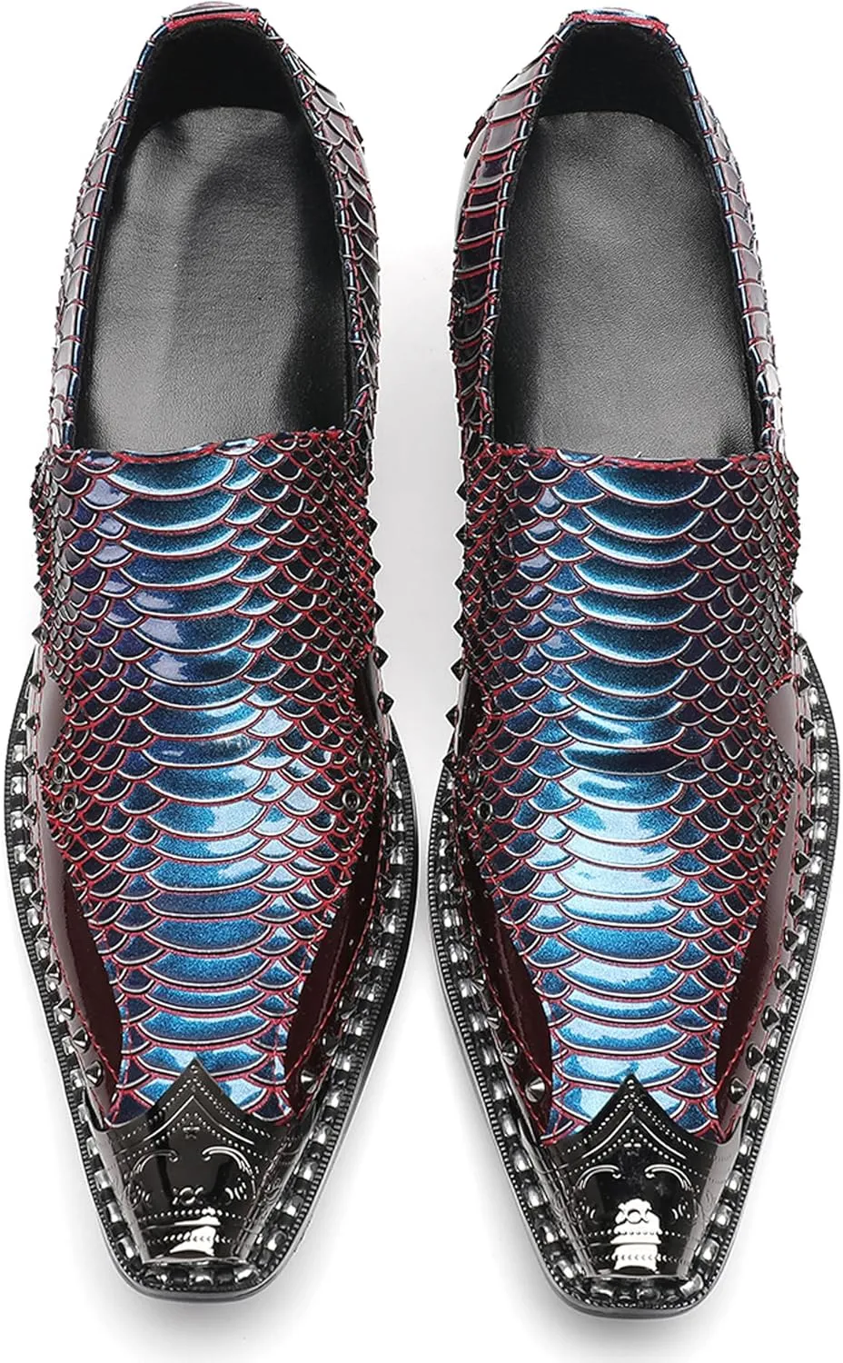 Santimon Men's Slip-On Loafers Leather Dress Shoes - Metal Pointed Toe, Studded Detail, Chunky Heel, Comfortable Snakeskin Western Casual Penny Loafers for Party,Ballroom,Bar Wear