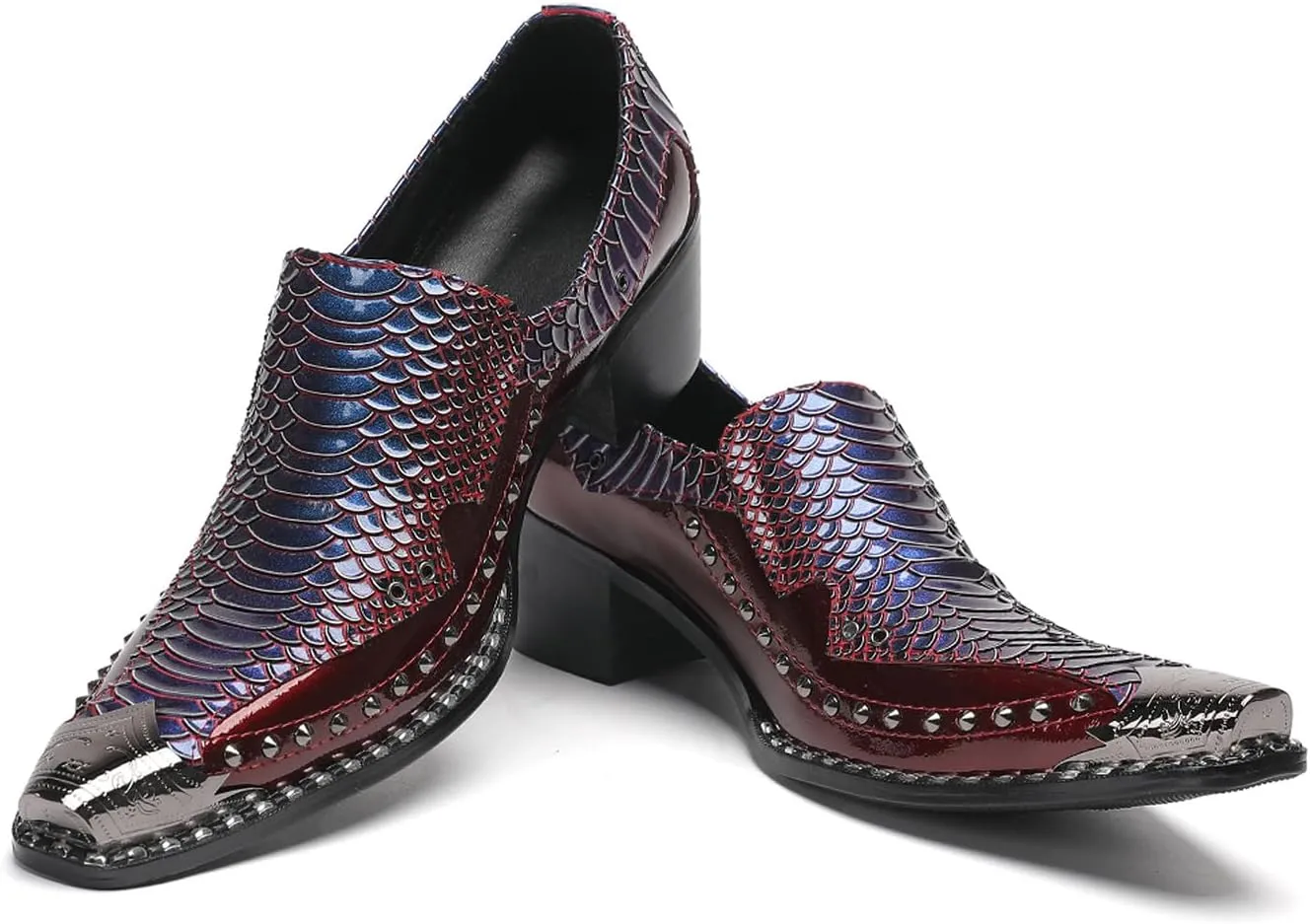 Santimon Men's Slip-On Loafers Leather Dress Shoes - Metal Pointed Toe, Studded Detail, Chunky Heel, Comfortable Snakeskin Western Casual Penny Loafers for Party,Ballroom,Bar Wear