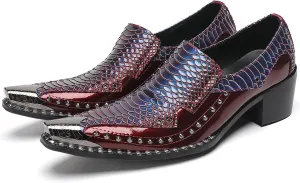 Santimon Men's Slip-On Loafers Leather Dress Shoes - Metal Pointed Toe, Studded Detail, Chunky Heel, Comfortable Snakeskin Western Casual Penny Loafers for Party,Ballroom,Bar Wear