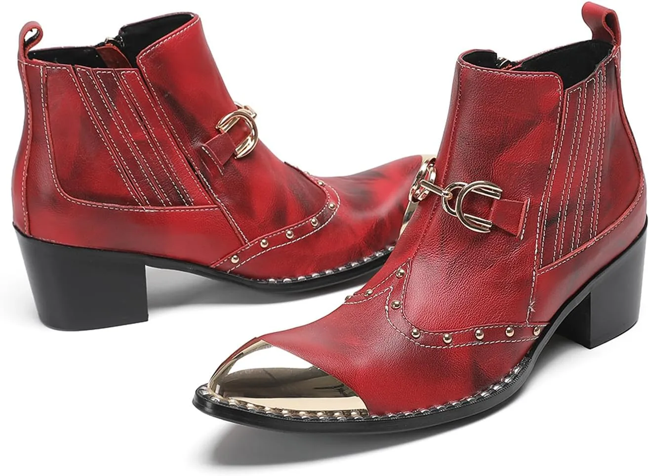 Santimon Men’s Snake-Print & Leather Chelsea Cowboy Boots – Metal Pointed Toe, Horsebit Buckle, Studded Zipper Ankle Western Boot, 2" Block Heel Fashion Rock & Rodeo Footwear