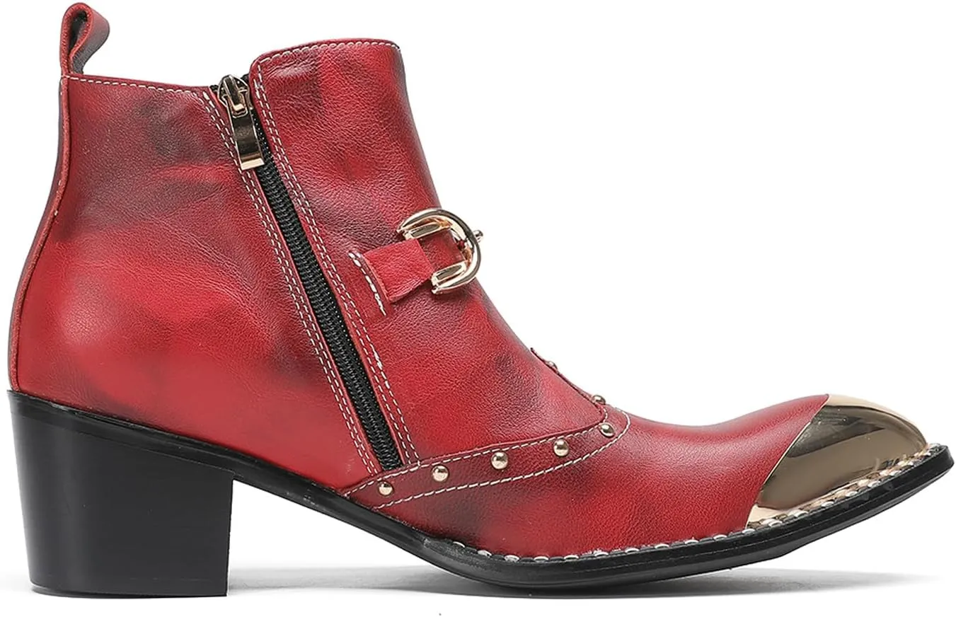 Santimon Men’s Snake-Print & Leather Chelsea Cowboy Boots – Metal Pointed Toe, Horsebit Buckle, Studded Zipper Ankle Western Boot, 2" Block Heel Fashion Rock & Rodeo Footwear