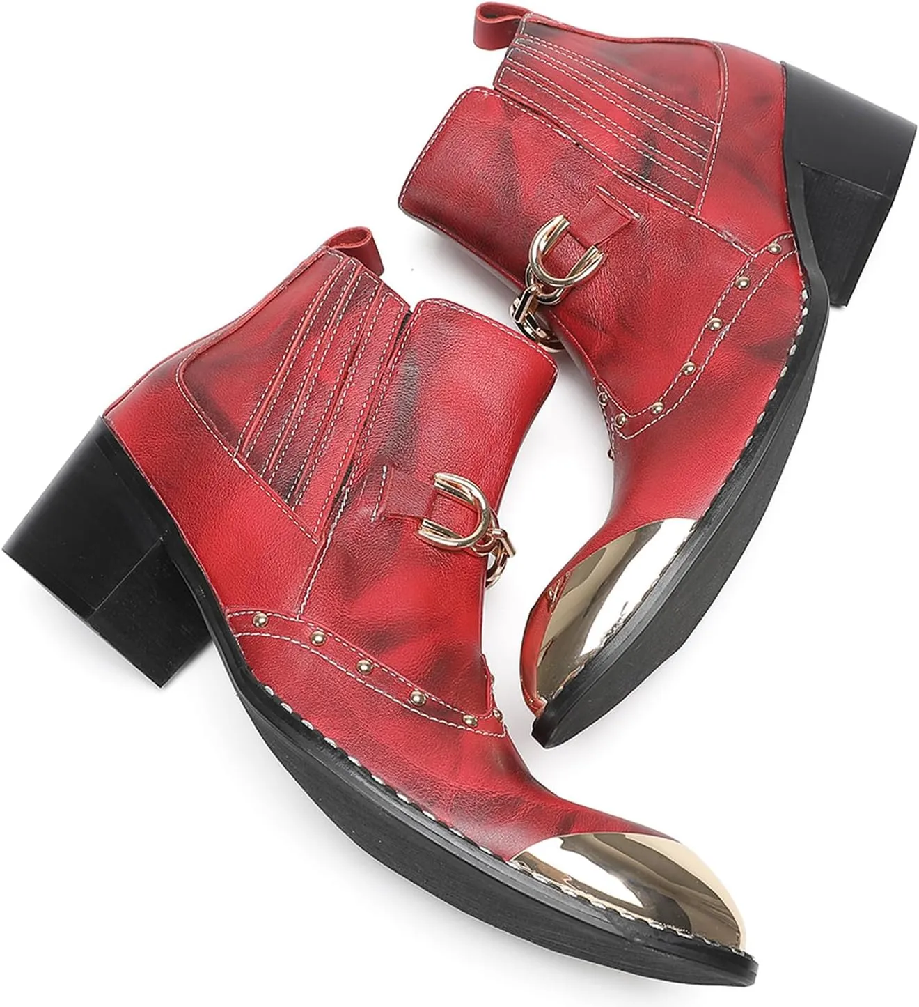 Santimon Men’s Snake-Print & Leather Chelsea Cowboy Boots – Metal Pointed Toe, Horsebit Buckle, Studded Zipper Ankle Western Boot, 2" Block Heel Fashion Rock & Rodeo Footwear
