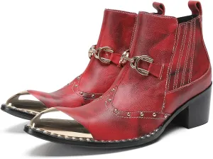 Santimon Men’s Snake-Print & Leather Chelsea Cowboy Boots – Metal Pointed Toe, Horsebit Buckle, Studded Zipper Ankle Western Boot, 2" Block Heel Fashion Rock & Rodeo Footwear
