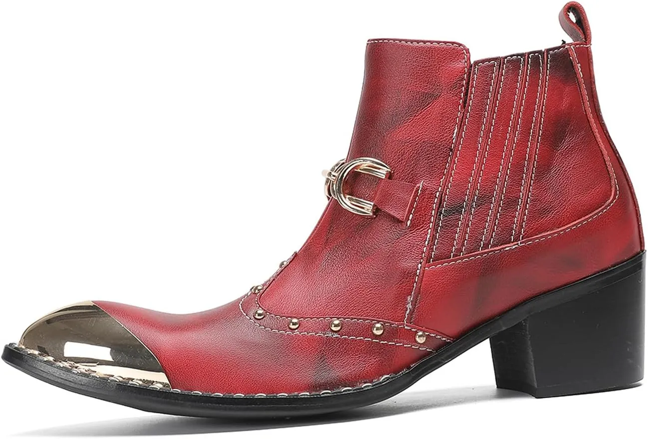 Santimon Men’s Snake-Print & Leather Chelsea Cowboy Boots – Metal Pointed Toe, Horsebit Buckle, Studded Zipper Ankle Western Boot, 2" Block Heel Fashion Rock & Rodeo Footwear