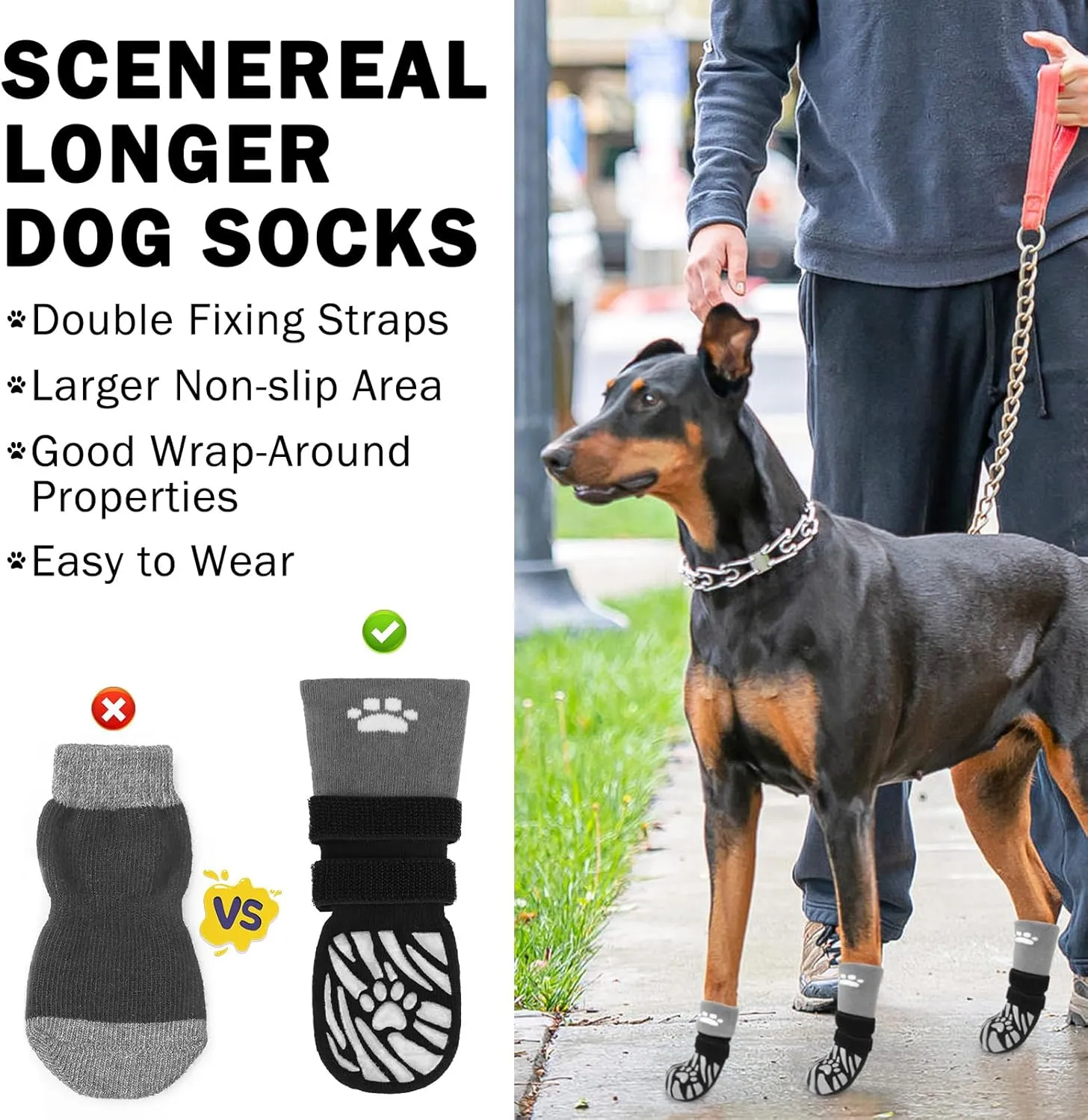 SCENEREAL Dog Socks to Prevent Licking Paws for Hot/Cold Pavement, Dog Boots & Paw Protectors for Small Medium Large Dogs, Senior Dog Grippy Socks Booties for Hardwood Floors Winter Outdoor, Black L
