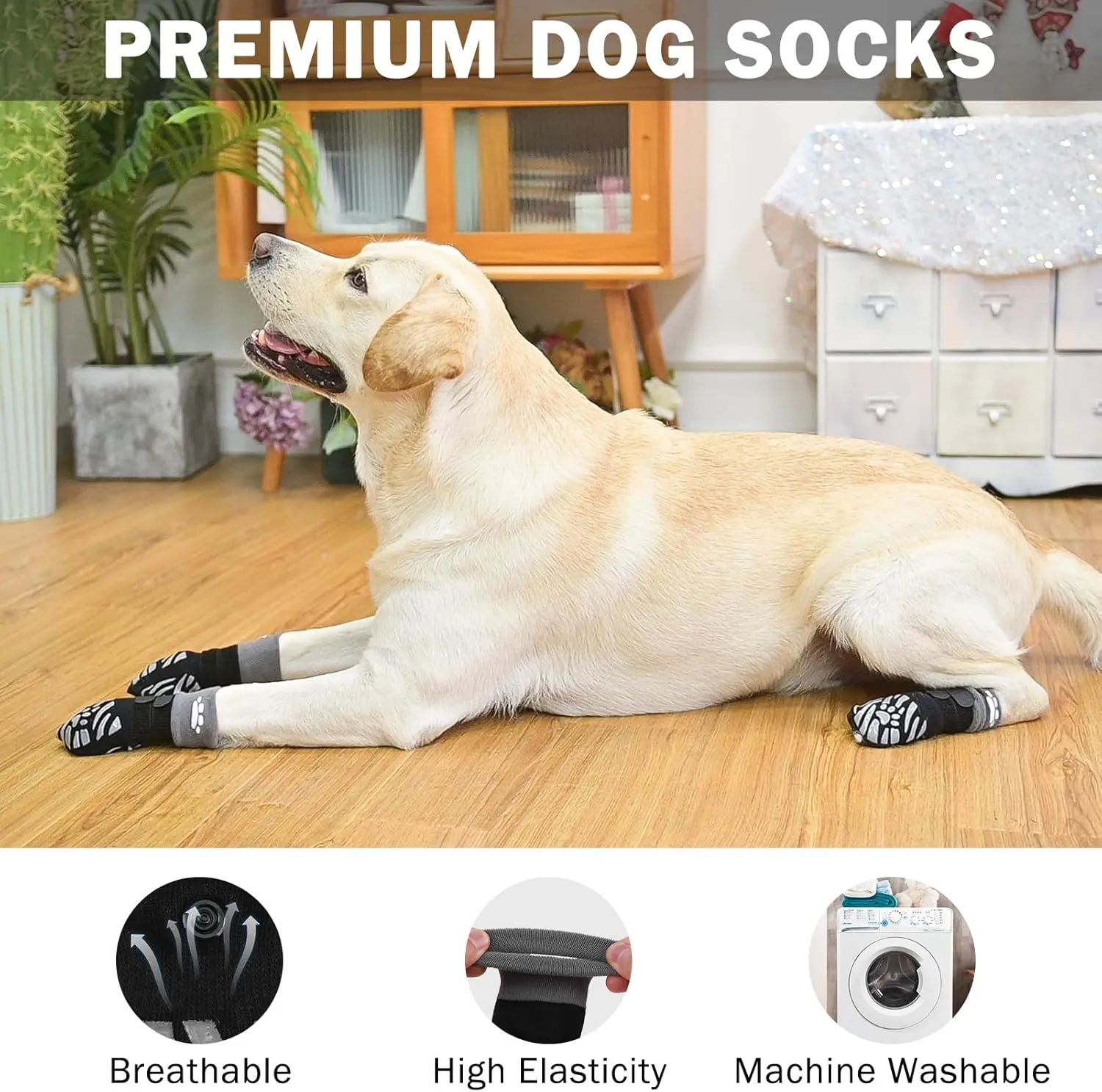 SCENEREAL Dog Socks to Prevent Licking Paws for Hot/Cold Pavement, Dog Boots & Paw Protectors for Small Medium Large Dogs, Senior Dog Grippy Socks Booties for Hardwood Floors Winter Outdoor, Black L