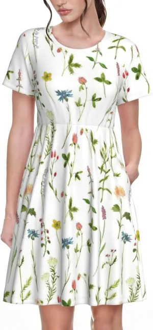 Season Watercolors of Herbs Flowers Print Women's Short Sleeve Dress,Sundresses Summer A-Line Dress with Pockets