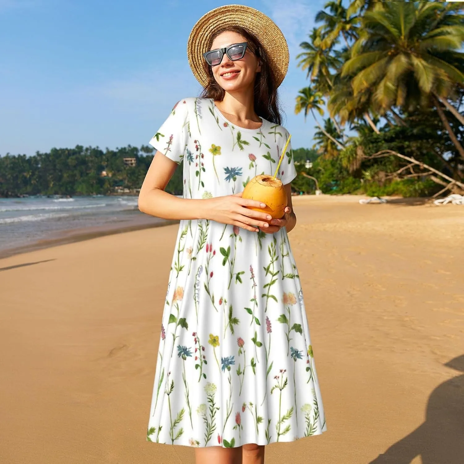 Season Watercolors of Herbs Flowers Print Women's Short Sleeve Dress,Sundresses Summer A-Line Dress with Pockets