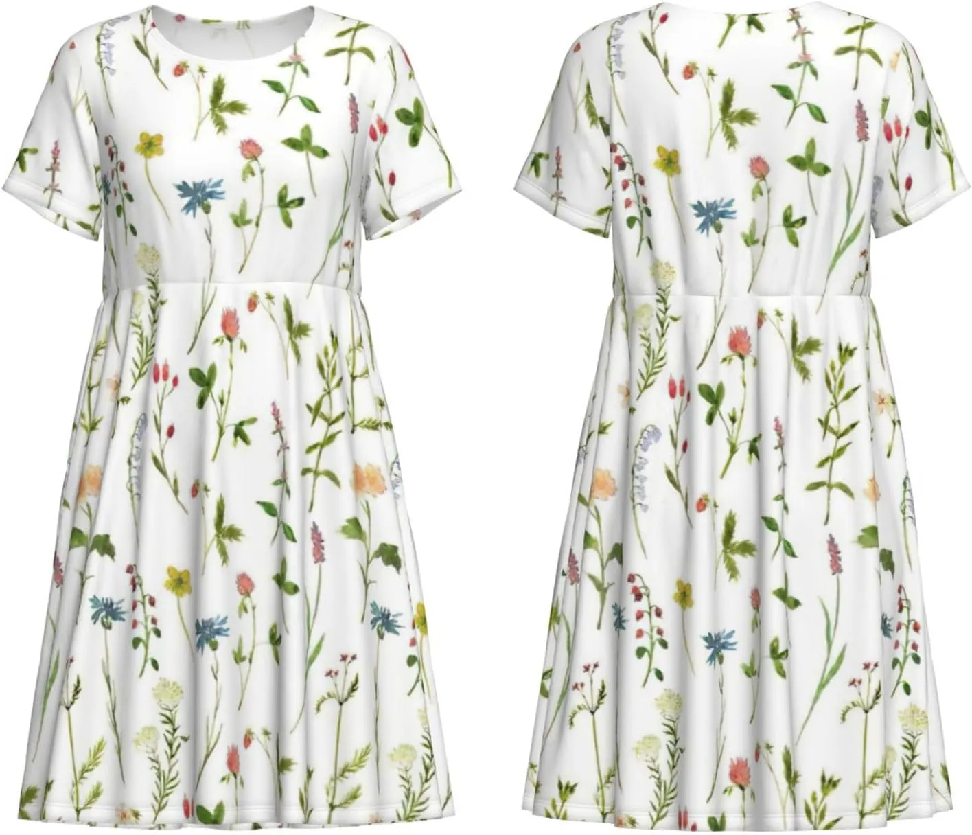 Season Watercolors of Herbs Flowers Print Women's Short Sleeve Dress,Sundresses Summer A-Line Dress with Pockets