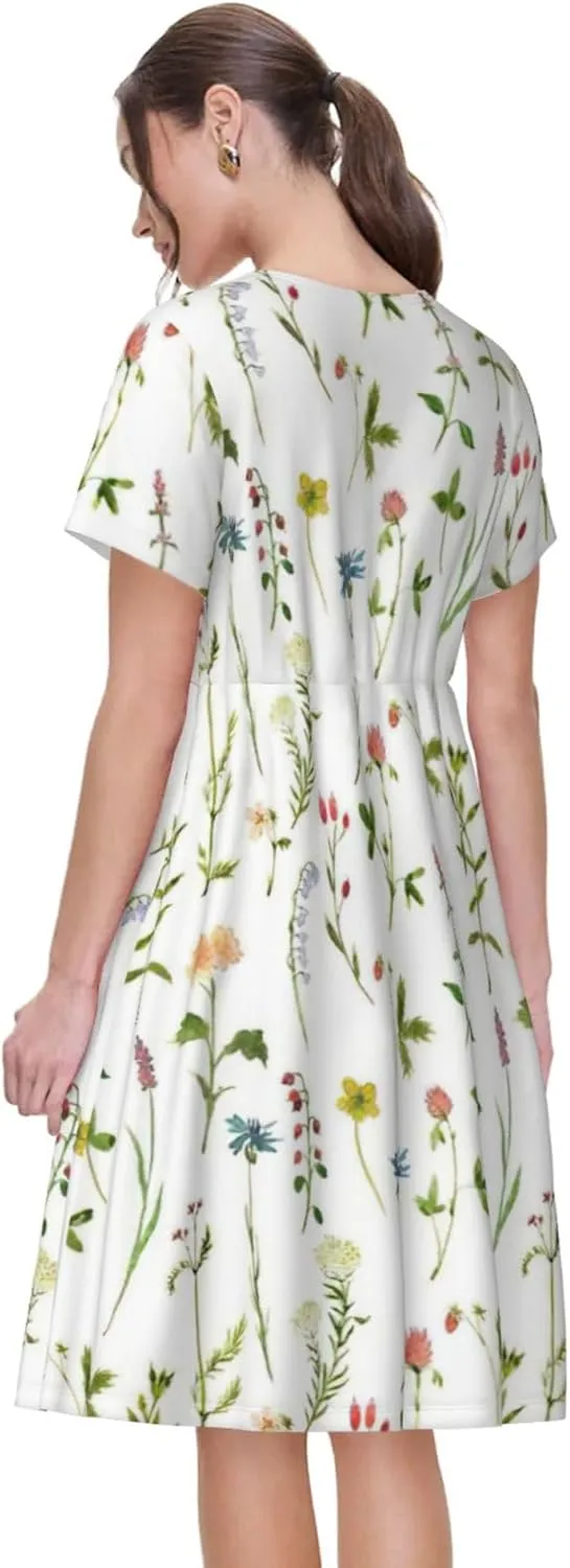 Season Watercolors of Herbs Flowers Print Women's Short Sleeve Dress,Sundresses Summer A-Line Dress with Pockets