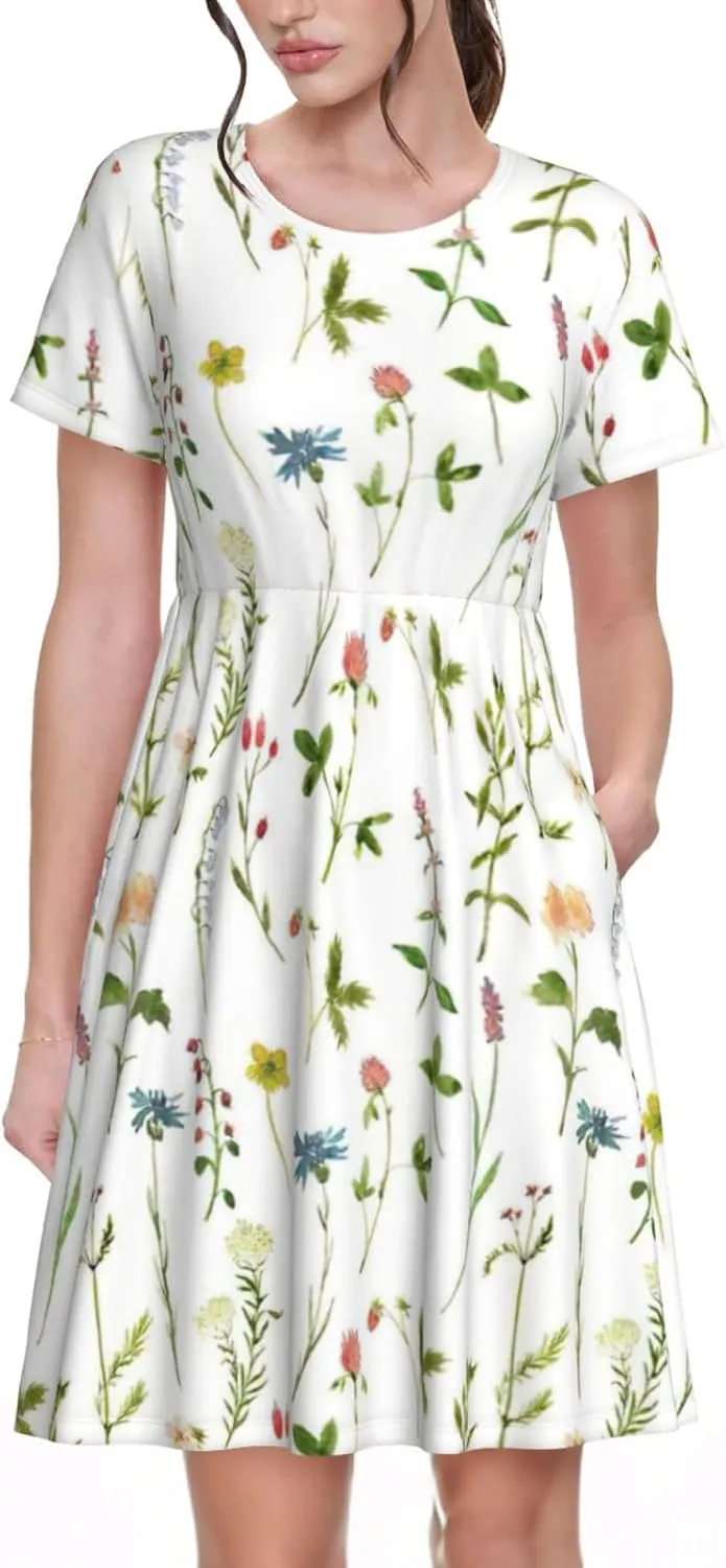 Season Watercolors of Herbs Flowers Print Women's Short Sleeve Dress,Sundresses Summer A-Line Dress with Pockets