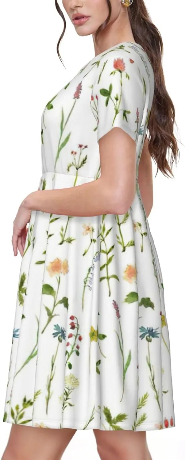 Season Watercolors of Herbs Flowers Print Women's Short Sleeve Dress,Sundresses Summer A-Line Dress with Pockets