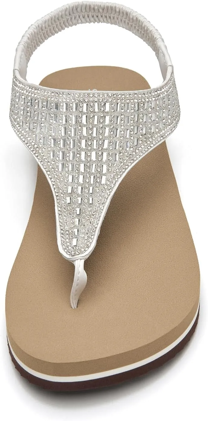 SelenePair Women's T-strap Thong Flat Sandals Summer Rhinestone Bling Elastic Yoga Mat Flip Flops