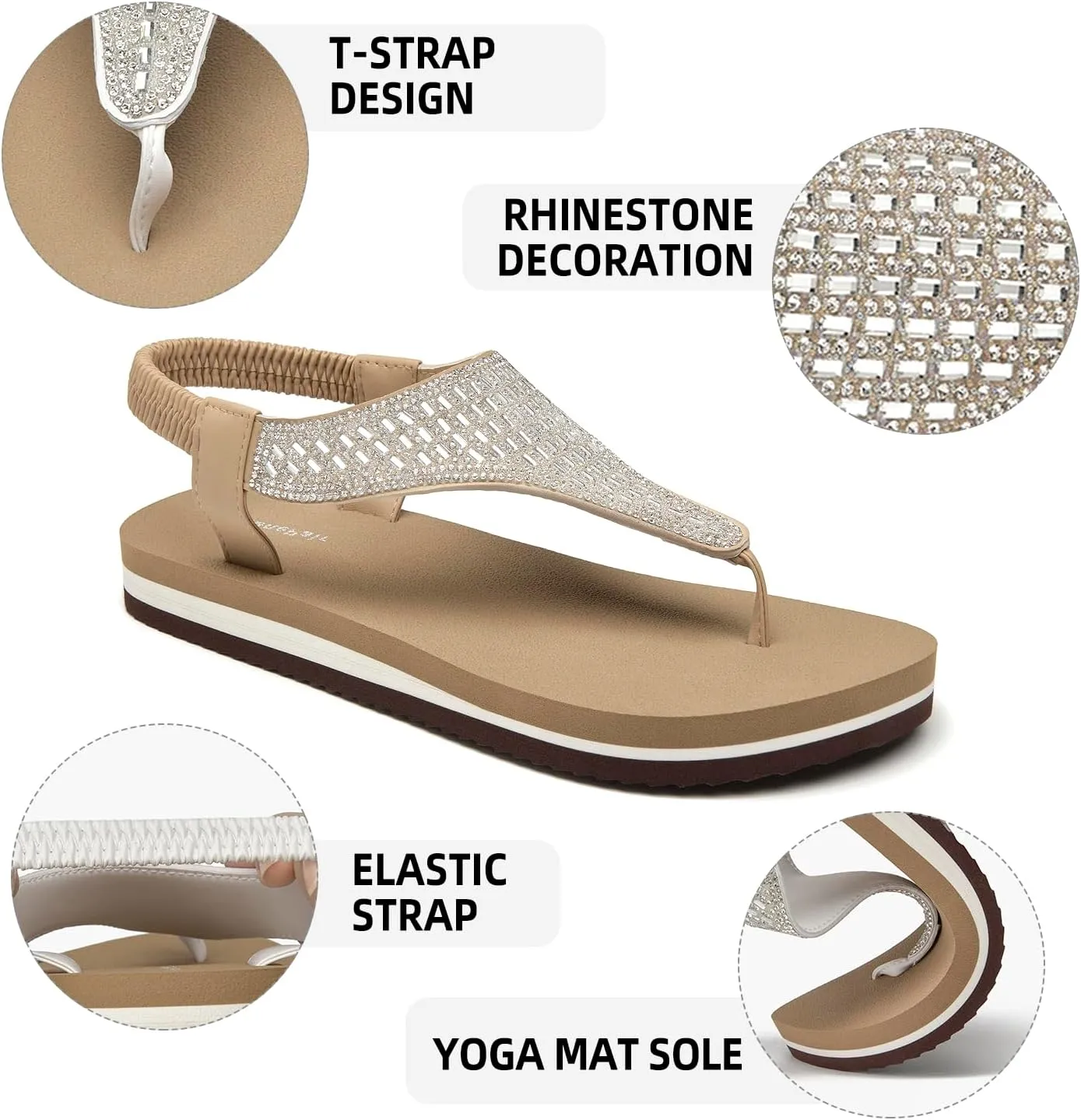 SelenePair Women's T-strap Thong Flat Sandals Summer Rhinestone Bling Elastic Yoga Mat Flip Flops