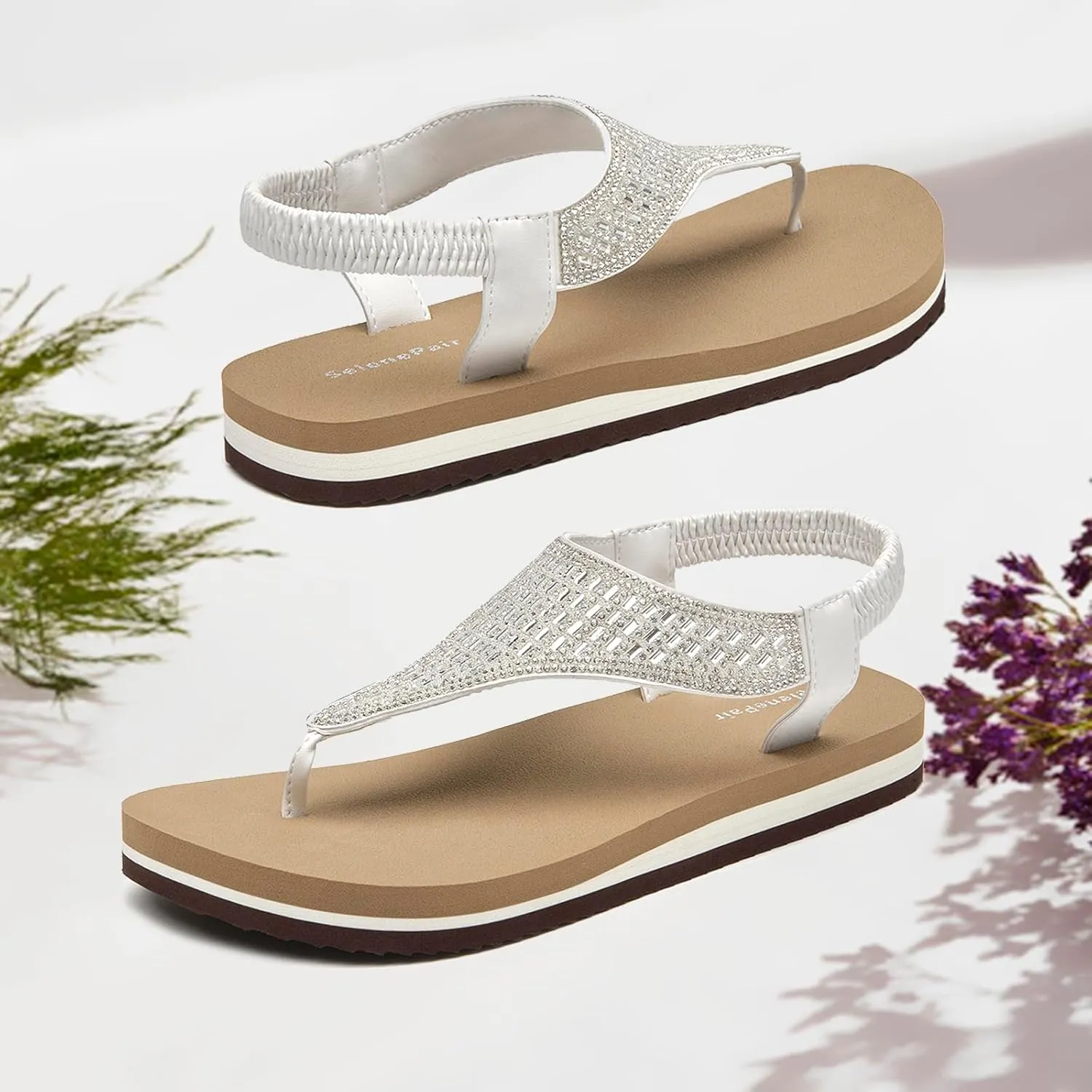 SelenePair Women's T-strap Thong Flat Sandals Summer Rhinestone Bling Elastic Yoga Mat Flip Flops