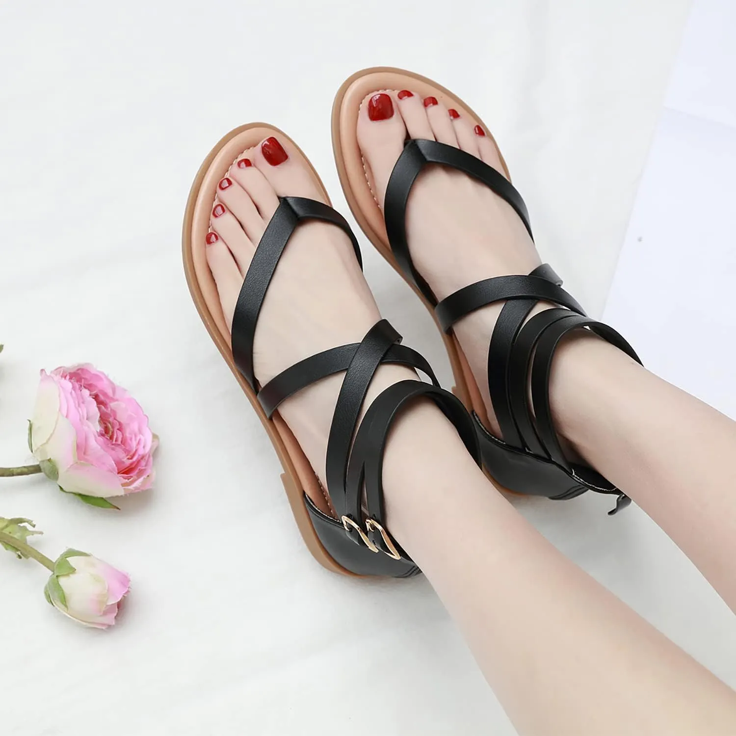 SHIBEVER Gladiator Strappy Sandals for Women: Dressy Summer Comfortable Flat, Back Zipper Roman Comfy Womens Sandals