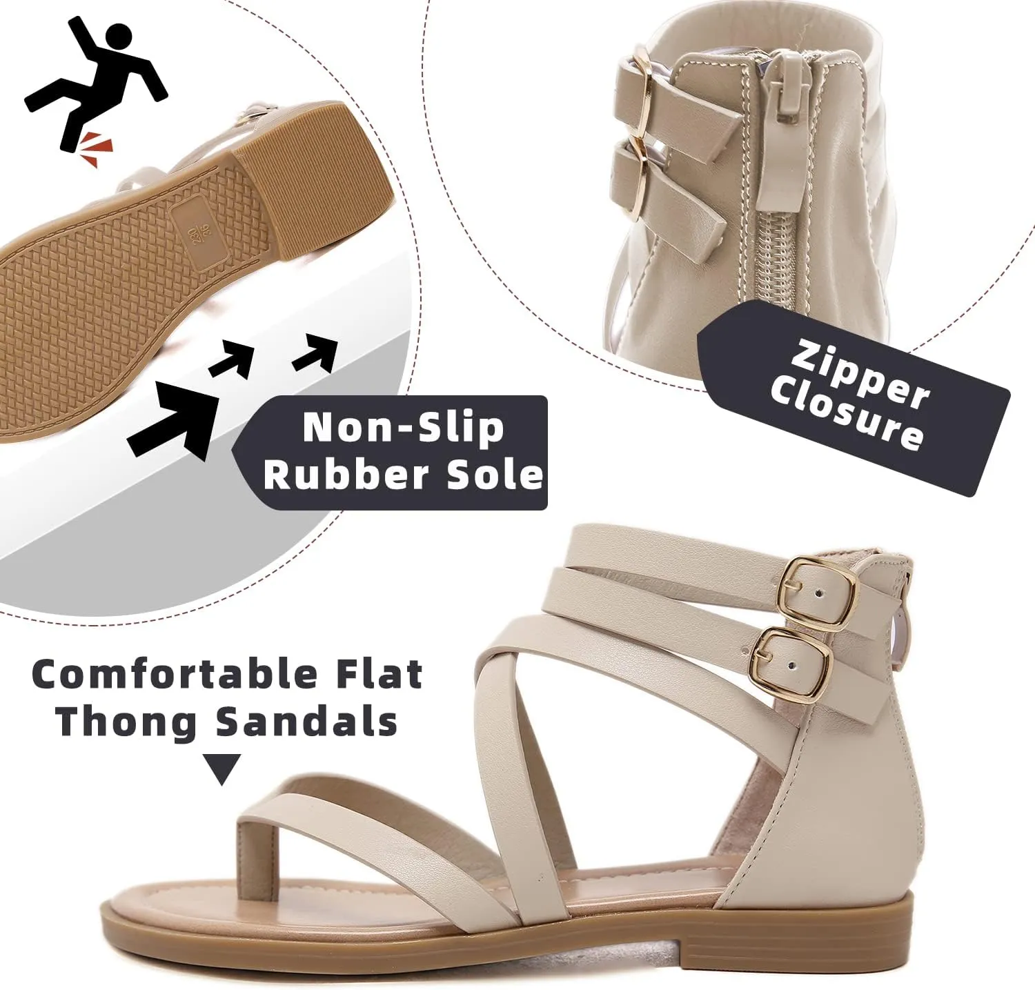 SHIBEVER Gladiator Strappy Sandals for Women: Dressy Summer Comfortable Flat, Back Zipper Roman Comfy Womens Sandals