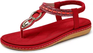 SHIBEVER Womens Sandals Dressy Summer: Women Comfortable Walking Flat Bohemian T-Strap Ladies Casual Comfy Sandals