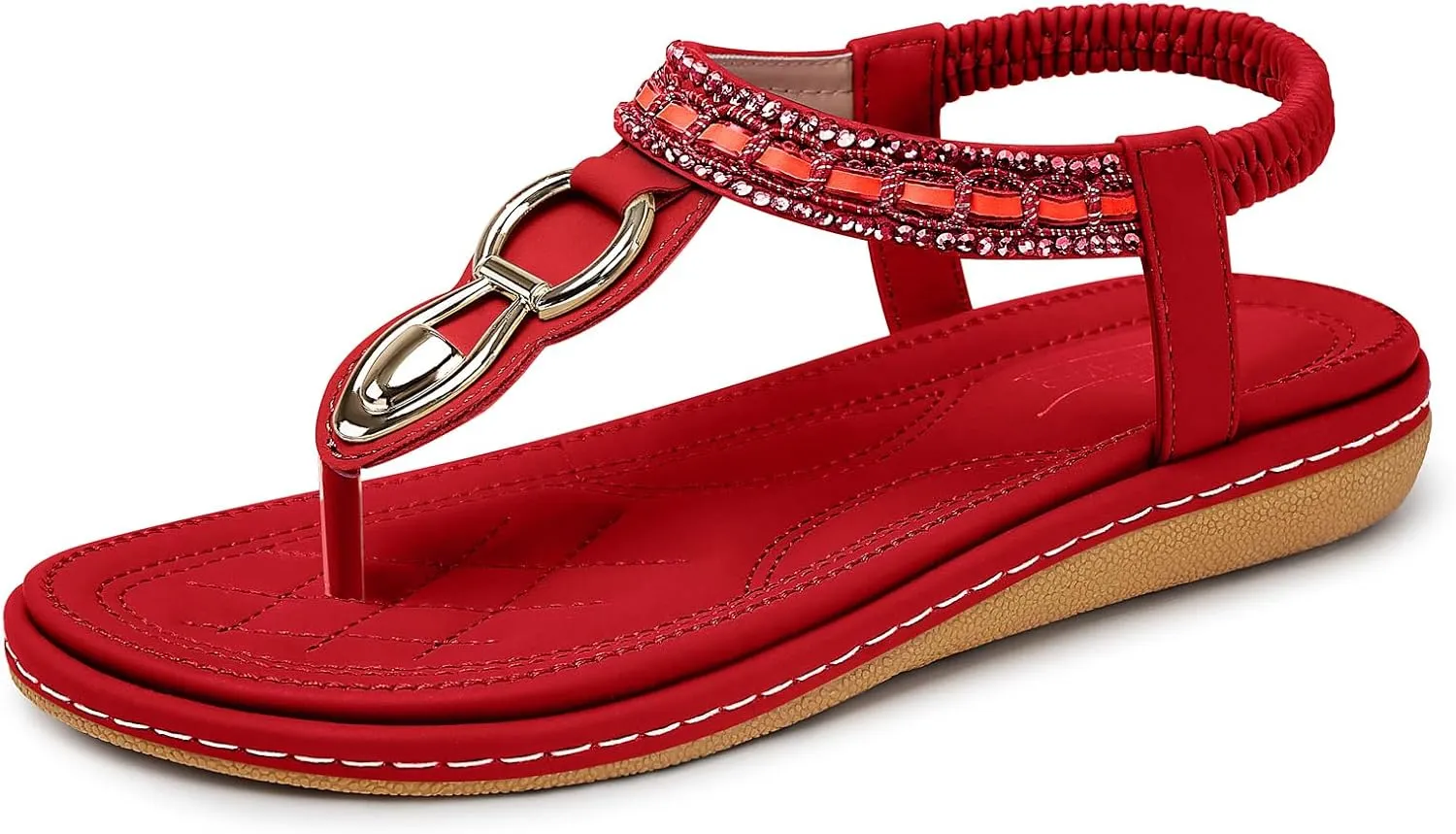 SHIBEVER Womens Sandals Dressy Summer: Women Comfortable Walking Flat Bohemian T-Strap Ladies Casual Comfy Sandals