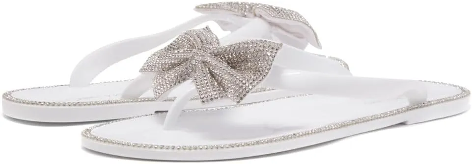 Shoe Land Women's Jelly Flat Sandals, Rhinestone Bow Thong Sandals – Sparkly Flip Flops for Beach & Pool | Comfortable Non-Slip Slides | Cute Bling Strappy Sandals