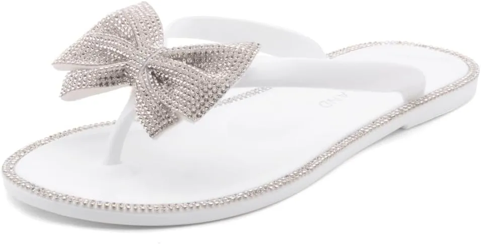 Shoe Land Women's Jelly Flat Sandals, Rhinestone Bow Thong Sandals – Sparkly Flip Flops for Beach & Pool | Comfortable Non-Slip Slides | Cute Bling Strappy Sandals