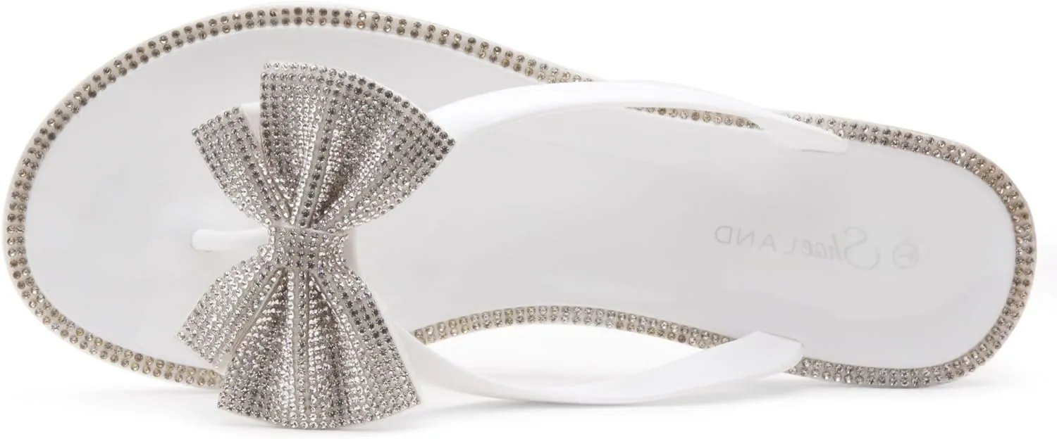 Shoe Land Women's Jelly Flat Sandals, Rhinestone Bow Thong Sandals – Sparkly Flip Flops for Beach & Pool | Comfortable Non-Slip Slides | Cute Bling Strappy Sandals