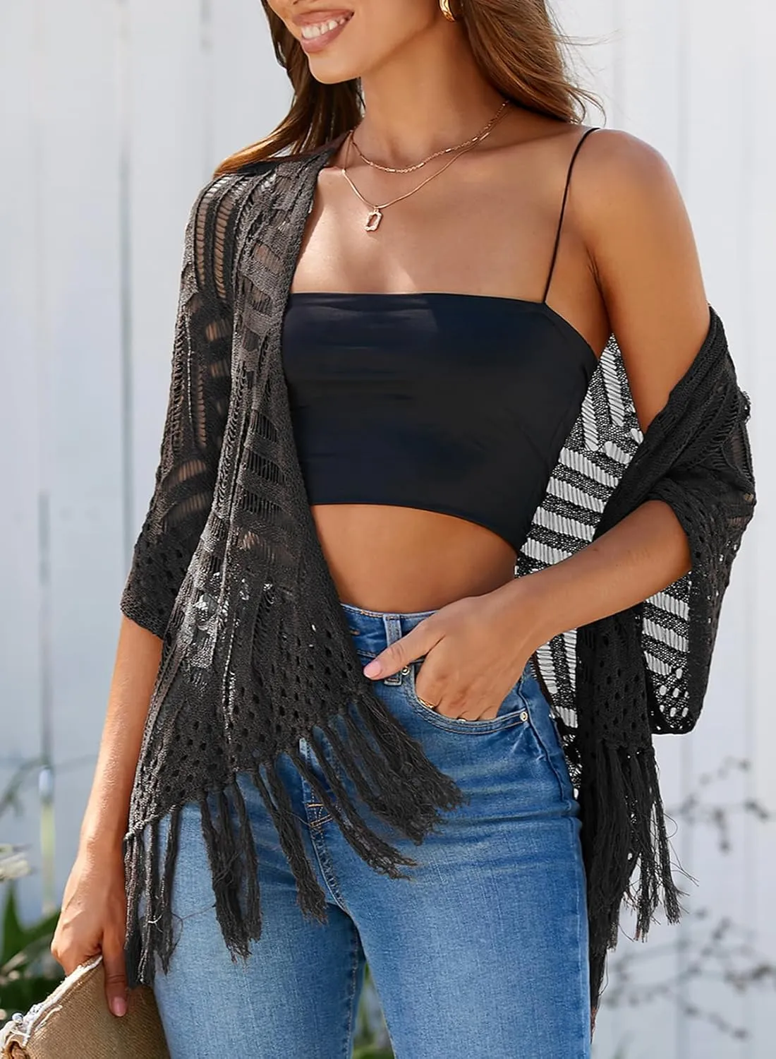 Sidefeel Women's 2025 Cropped Crochet Top Lightweight Summer Cardigan Beach Kimono Cover Ups