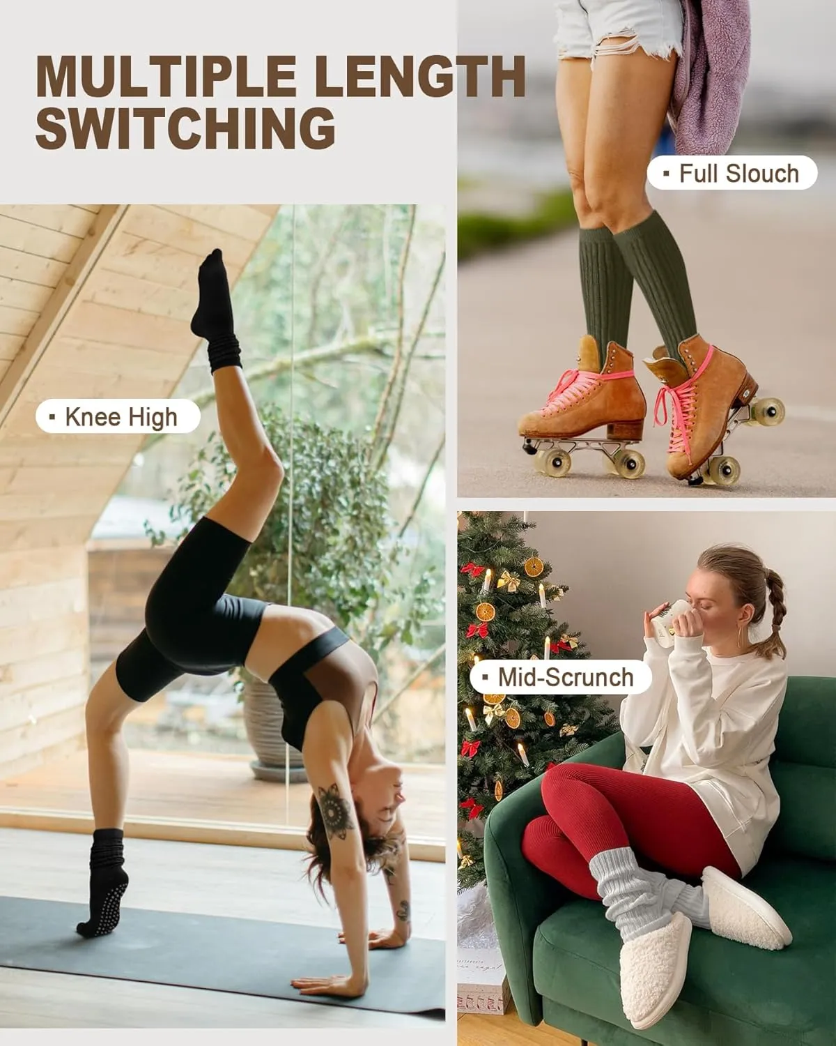 Slouch Grip Pilates Socks for Women,Grippy Socks for Yoga Barre Workout Hospital Long Scrunch Slipper Socks