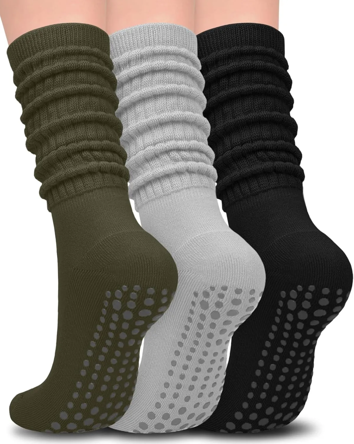 Slouch Grip Pilates Socks for Women,Grippy Socks for Yoga Barre Workout Hospital Long Scrunch Slipper Socks