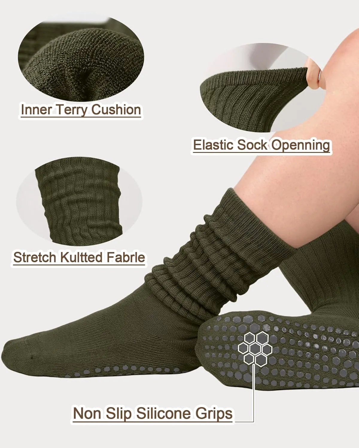 Slouch Grip Pilates Socks for Women,Grippy Socks for Yoga Barre Workout Hospital Long Scrunch Slipper Socks