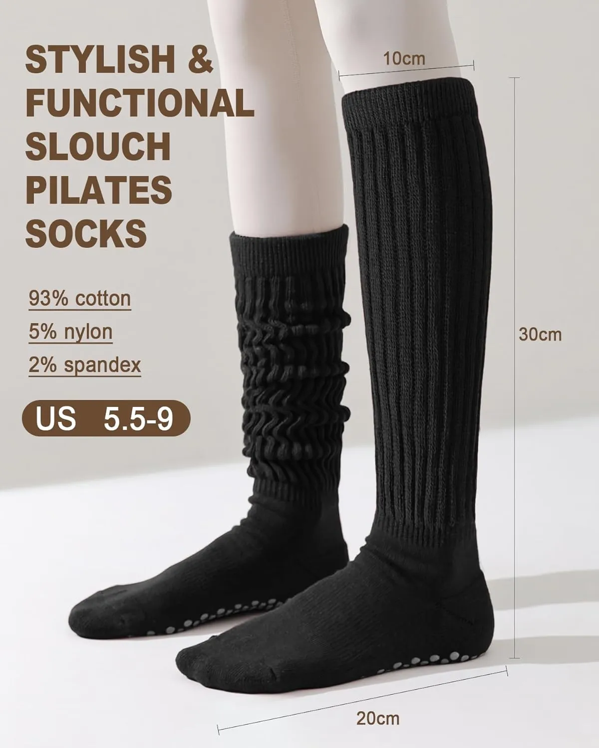 Slouch Grip Pilates Socks for Women,Grippy Socks for Yoga Barre Workout Hospital Long Scrunch Slipper Socks