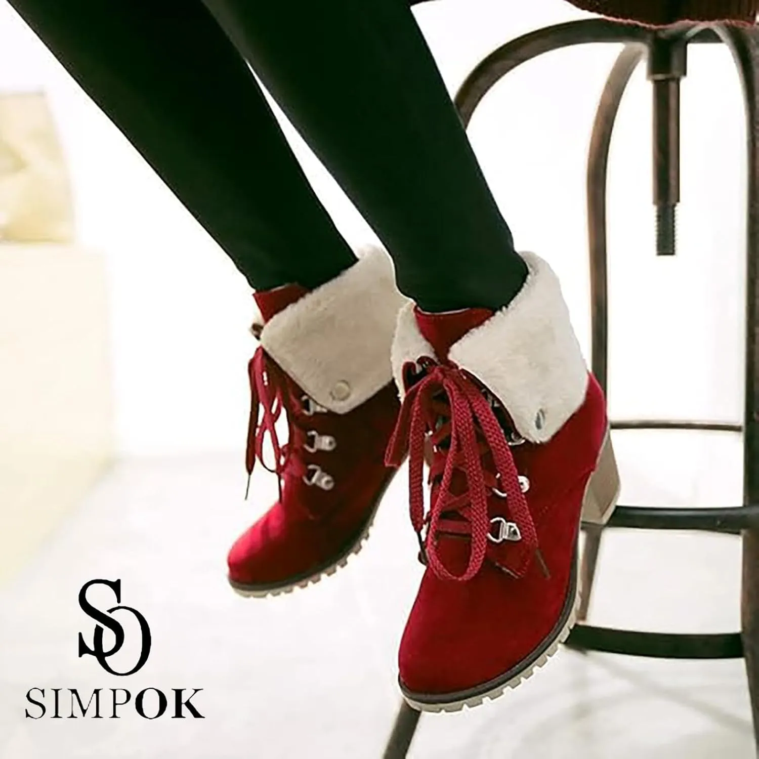 SO SIMPOK Womens Lace Up Fur Winter Snow Boots Block Heel Ankle Boots Warm Suede Outdoor Chunky Heel Booties