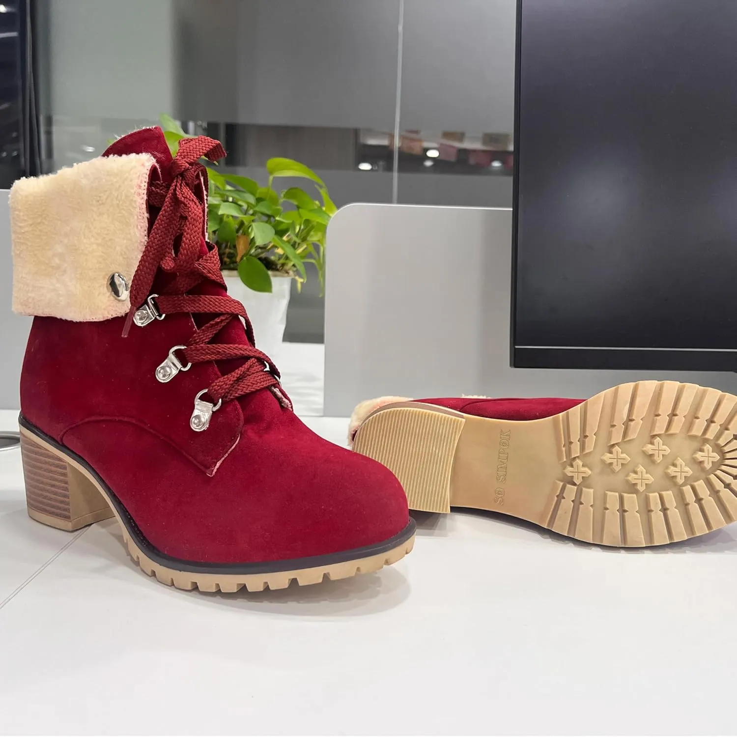 SO SIMPOK Womens Lace Up Fur Winter Snow Boots Block Heel Ankle Boots Warm Suede Outdoor Chunky Heel Booties