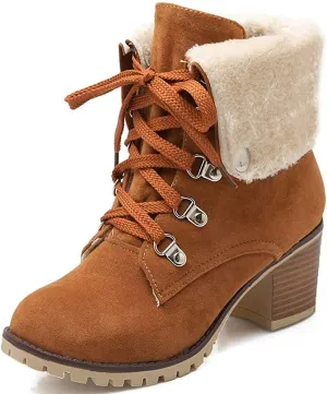 SO SIMPOK Womens Lace Up Fur Winter Snow Boots Block Heel Ankle Boots Warm Suede Outdoor Chunky Heel Booties