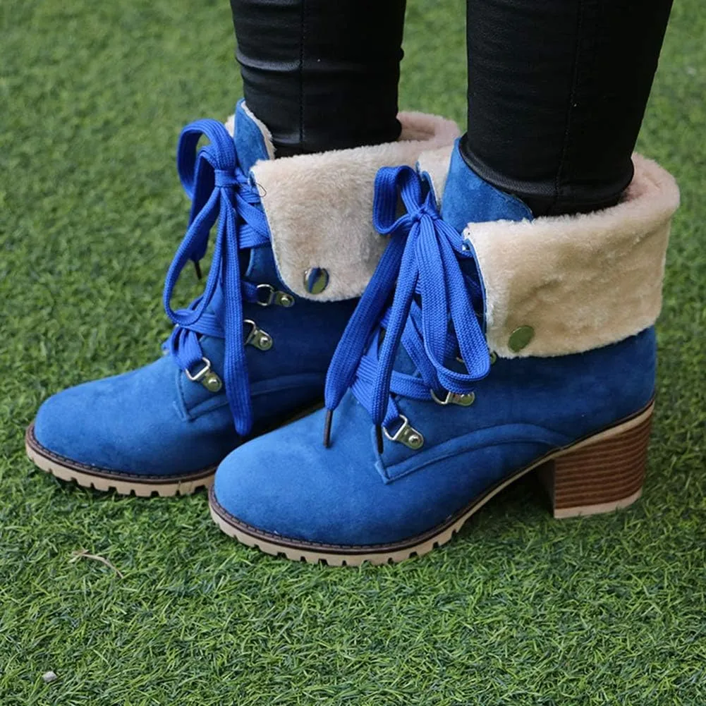SO SIMPOK Womens Lace Up Fur Winter Snow Boots Block Heel Ankle Boots Warm Suede Outdoor Chunky Heel Booties