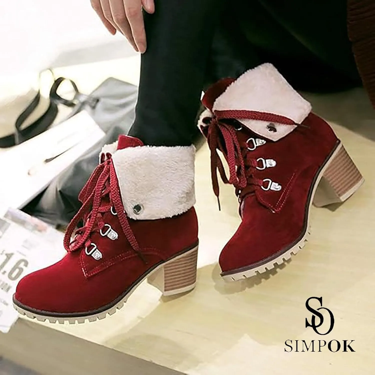 SO SIMPOK Womens Lace Up Fur Winter Snow Boots Block Heel Ankle Boots Warm Suede Outdoor Chunky Heel Booties