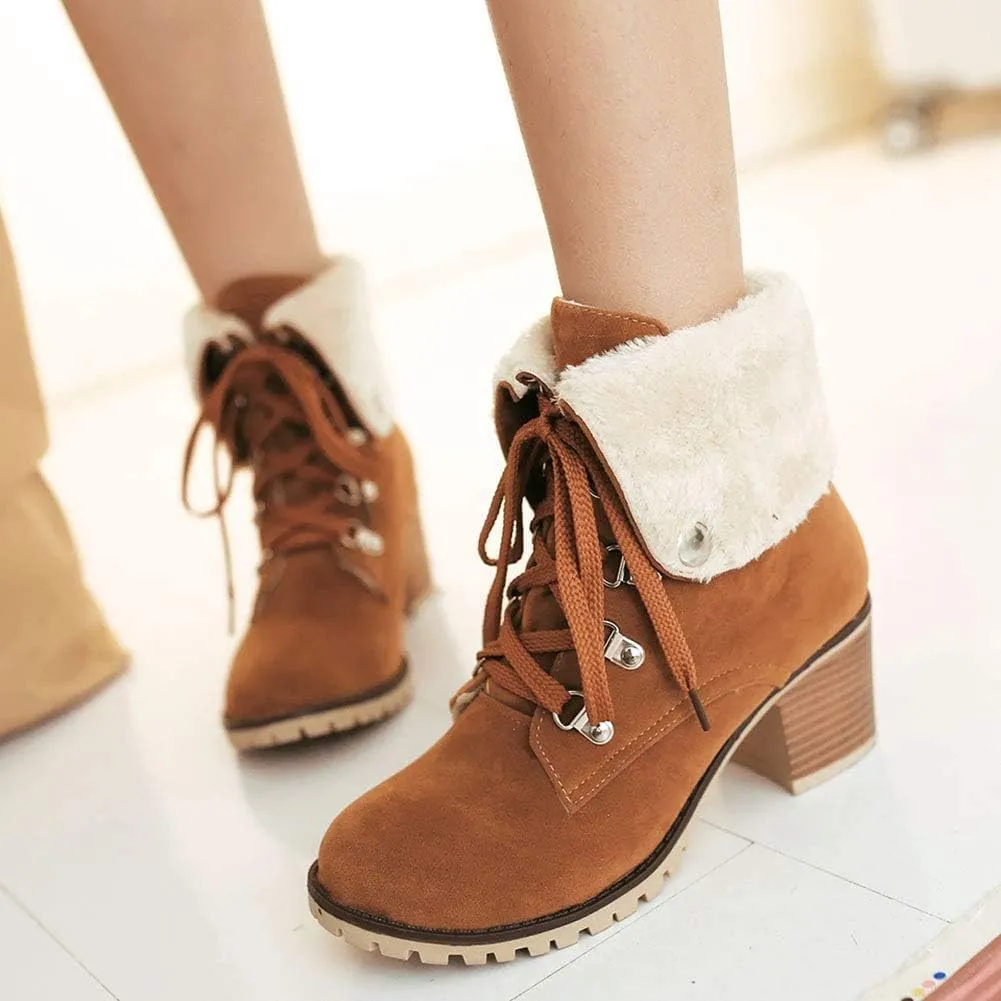 SO SIMPOK Womens Lace Up Fur Winter Snow Boots Block Heel Ankle Boots Warm Suede Outdoor Chunky Heel Booties